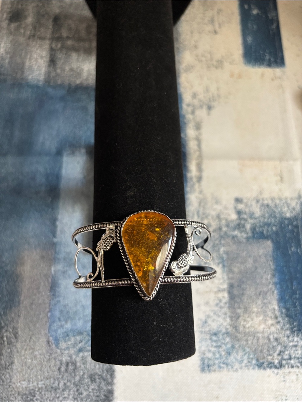 Sterling Silver Amber Teardrop Cuff Bracelet - Adjustable
